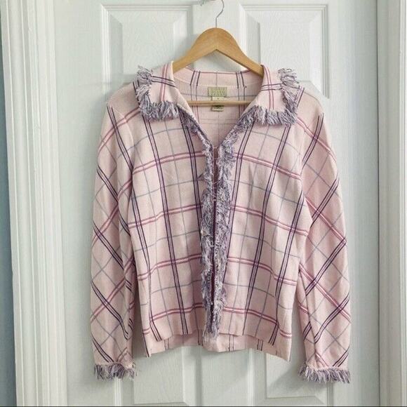 Vintage Cardigan Sweater Pink Purple Plaid Fringe Preppy Coquette Size Small - Picture 3 of 9